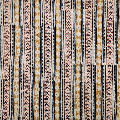 Pure Cotton Kalamkari Mustard With Blue Border Stripes Hand Block Print Fabric