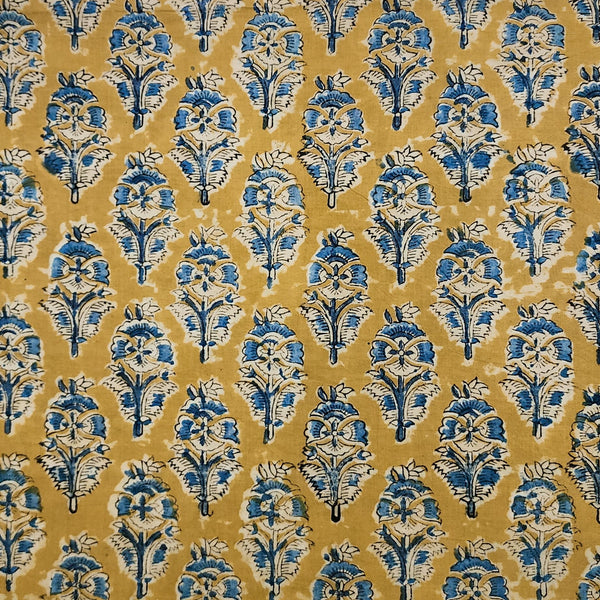 Pre-cut 1 meter Pure Cotton Kalamkari  Mustard  With Blue Motifs Hand Block Print Fabric