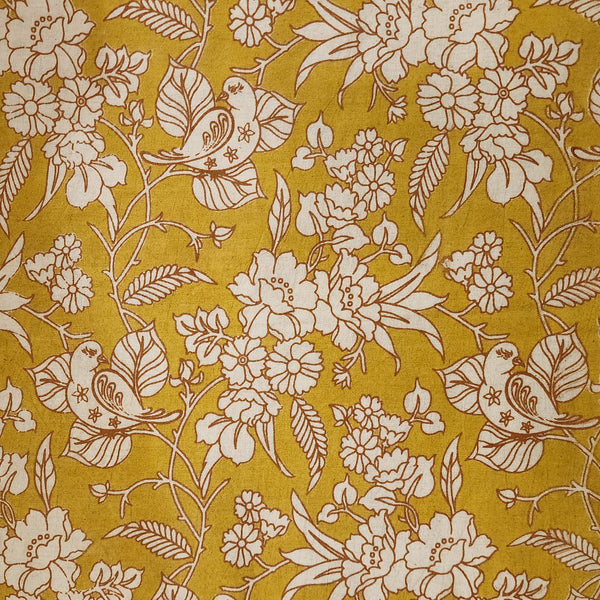 PRE-CUT 2 METER Pure Cotton Kalamkari Mustard With Cream Flower Jaal Hand Block Print Fabric