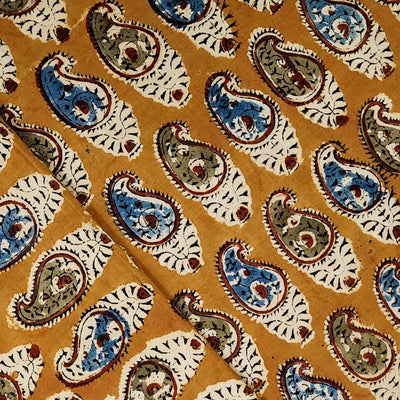 Pure Cotton Kalamkari Mustard With Green With Blue Kairi Motifs Hand Block Print Fabric