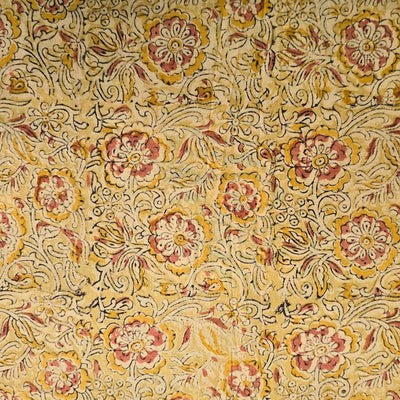 Pure Cotton Kalamkari Mustard With Light Pink Flower Jaal Hand Block Print Fabric