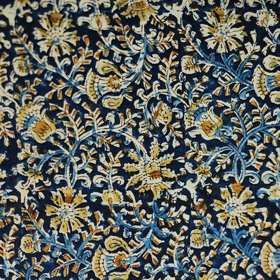 Pure Cotton Kalamkari Navy Blue With Mustard Flowers Jaal Hand Block Print Fabric