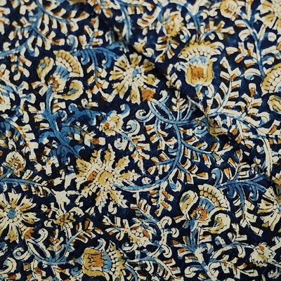 Pure Cotton Kalamkari Navy Blue With Mustard Flowers Jaal Hand Block Print Fabric