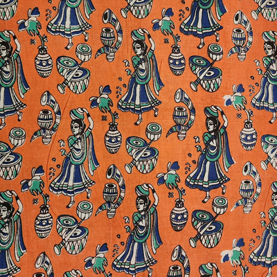 Pure Cotton Kalamkari Orange With Blue Dancing Girl With Instrument Hand Block Print Fabric