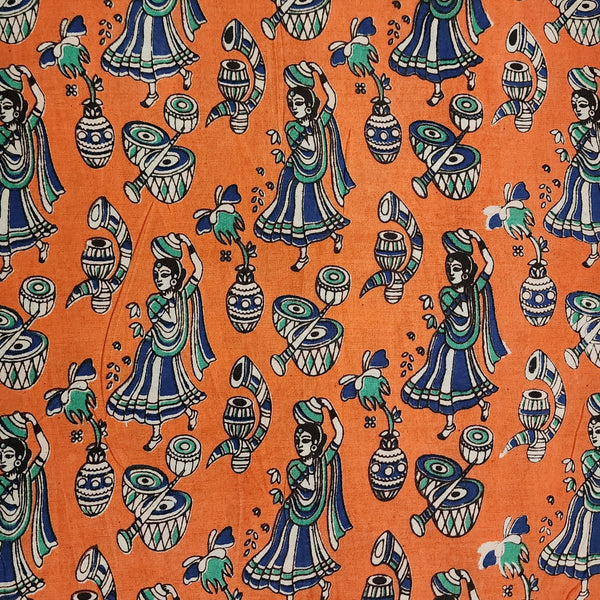 ( Pre-Cut 1.50 Meter ) Pure Cotton Kalamkari Orange With Blue Dancing Girl With Instrument Hand Block Print Fabric