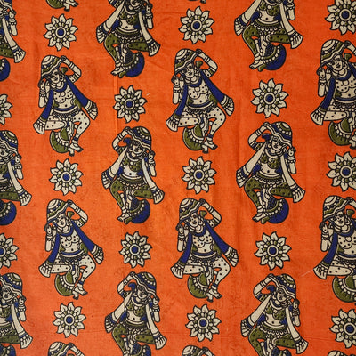Pure Cotton Kalamkari Orange With Blue Girl Dancing Hand Block Print Fabric