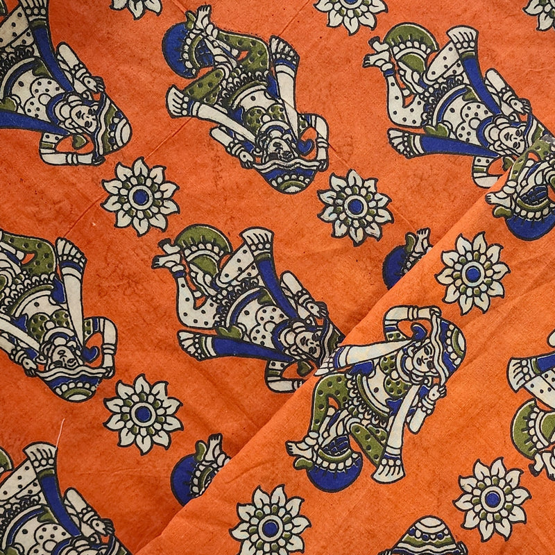 Pure Cotton Kalamkari Orange With Blue Girl Dancing Hand Block Print Fabric