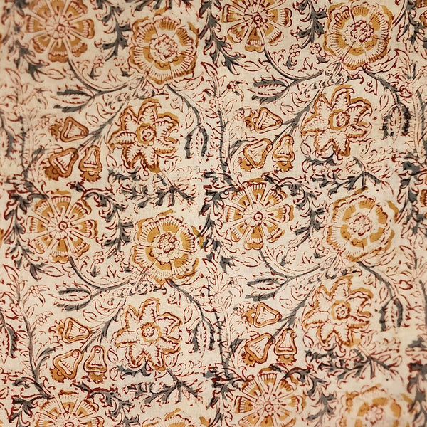 ( Pre-Cut 1.55 Meter ) Pure Cotton Kalamkari Peach With Mustard Flower Jaal Hand Block Print Fabric