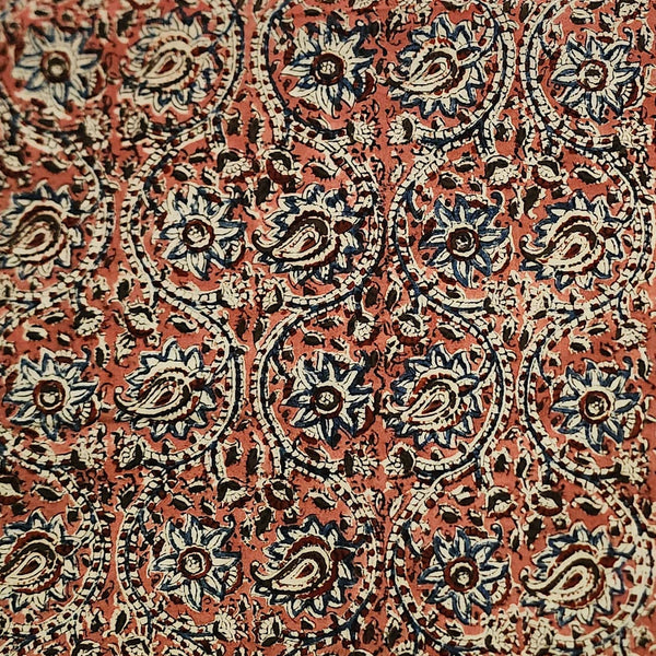 ( Pre-Cut 1.55 Meter ) Pure Cotton Kalamkari Pink With Blue Flower Creeper Hand Block Print Fabric