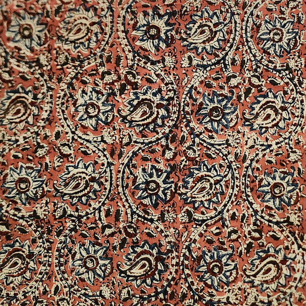 ( Pre-Cut 1.55 Meter ) Pure Cotton Kalamkari Pink With Blue Flower Creeper Hand Block Print Fabric