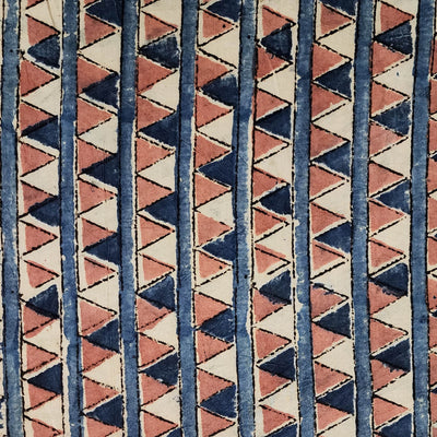 Pre-cut 2 meter Pure Cotton Kalamkari Pink With Blue Triangle Border Hand Block Print Fabric