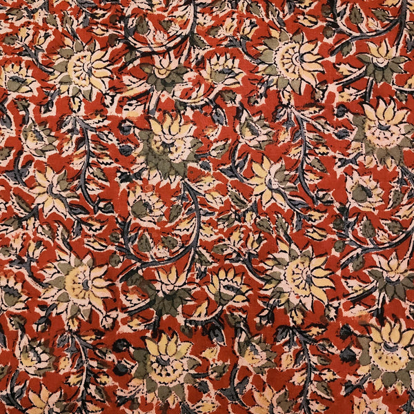 Pure Cotton Kalamkari Red With Blue And Green Jungle Flower Jaal Hand Block Print Fabric