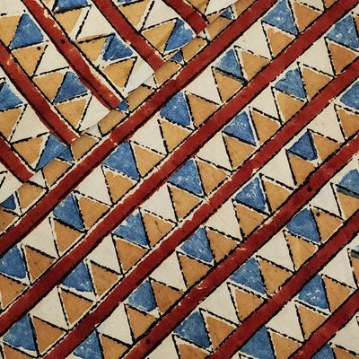 Pure Cotton Kalamkari Red With Blue And Mustard Triangle Border Hand Block Print Fabric