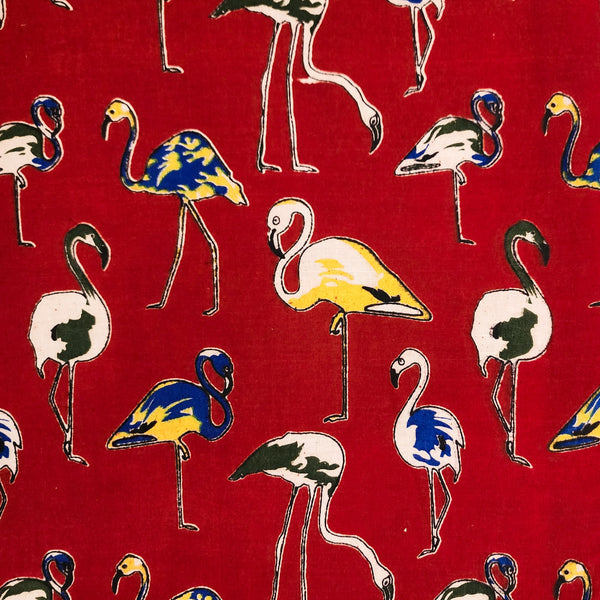 Pure Cotton Kalamkari Red With Blue And Yellow Greater Flamingo Hand Block Print Fabric