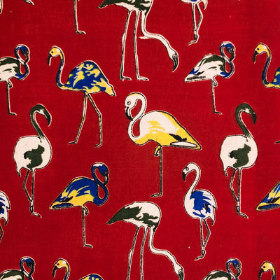 ( Pre-Cut 0.80 Meter ) Pure Cotton Kalamkari Red With Blue And Yellow Greater Flamingo Hand Block Print Fabric