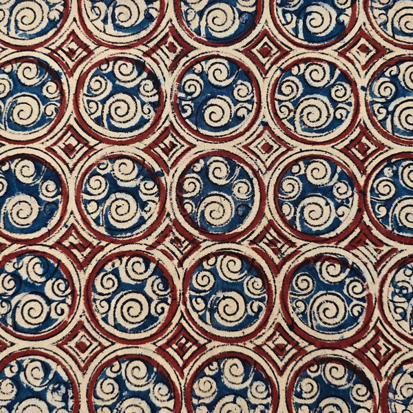 Pure Cotton Kalamkari Red With Blue Circle Intricate Design Hand Block Print Fabric
