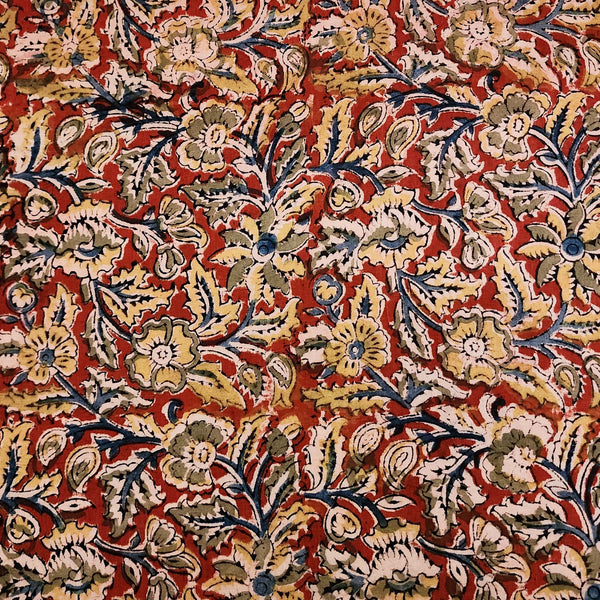 Pure Cotton Kalamkari Red With Green And Mustard Flower Jaal Hand Block Print Fabric
