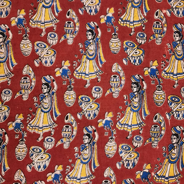 Pure Cotton Kalamkari Red With Mustard Dancing Girl With Instrument Hand Block Print Fabric