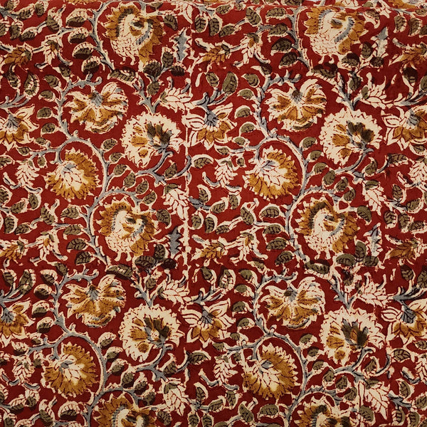 Pure Cotton Kalamkari Red With Mustard Flowers Jaal Hand Block Print Fabric