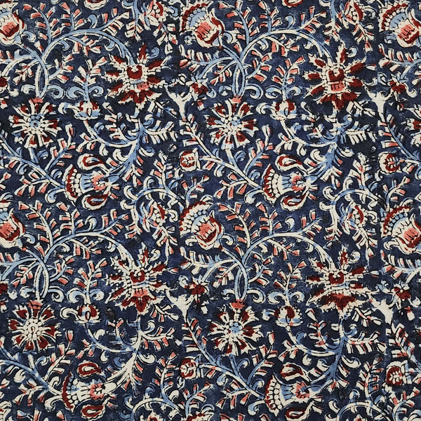 Pure Cotton Kalamkari Rust Blue With Tiny Flower Jaal Hand Block Print Fabric