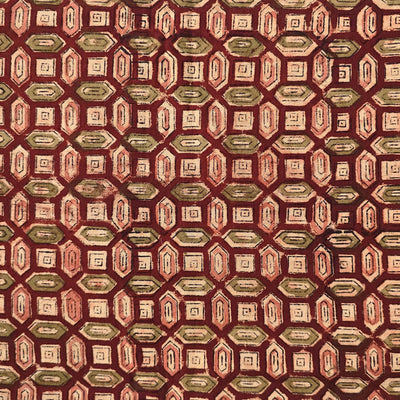 Pure Cotton Kalamkari Rust Red And Pink And Green Tiles Hand Block Print Fabric