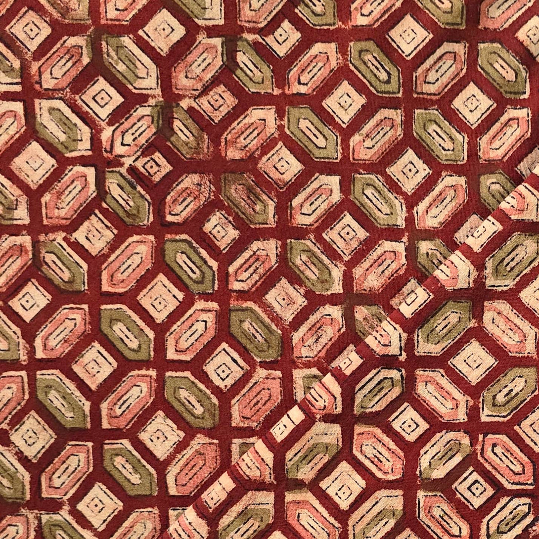 Pure Cotton Kalamkari Rust Red And Pink And Green Tiles Hand Block Pri ...