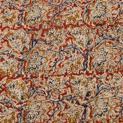 Pure Cotton Kalamkari Rust Red With Blue And Cream Jungle Flower Jaal Hand Block Print Fabric
