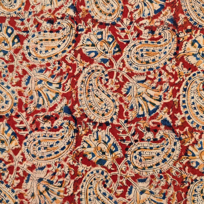 Pure Cotton Kalamkari Rust Red With Cream And Mustard Kairi Jaal Hand Block Print Fabric