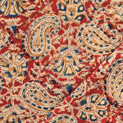 Pure Cotton Kalamkari Rust Red With Cream And Mustard Kairi Jaal Hand Block Print Fabric