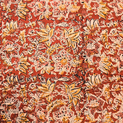 Pure Cotton Kalamkari Rust Red With Light Orange Flower Jaal Hand Block Print Fabric