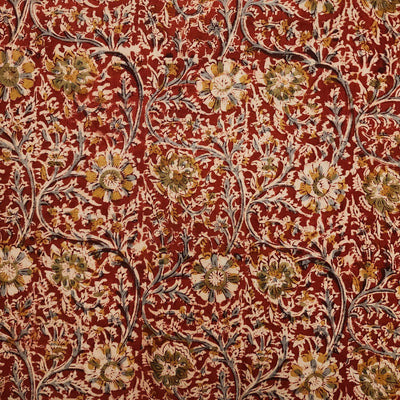 Pre cut 1.5 meter Pure Cotton Kalamkari Rust With Heavy Floral Mustard Green Blue Jaal Hand Block Print Fabric