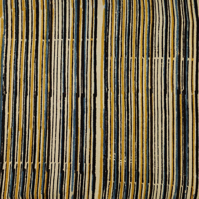 Pure Cotton Kalamkari Stripes Mustard With Blue And Black Hand Block Print Fabric