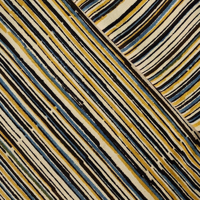 Pure Cotton Kalamkari Stripes Mustard With Blue And Black Hand Block Print Fabric