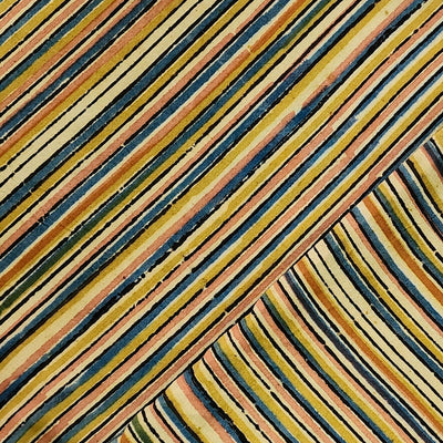 Pure Cotton Kalamkari Stripes Mustrad And Blue  With Pink Hand Block Print Fabric