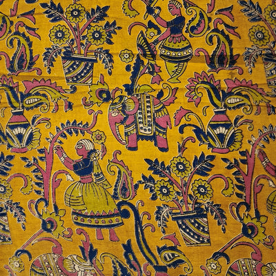 Pure Cotton Kalamkari Yellow Girls With  Elephant Hand Block Print Fabric