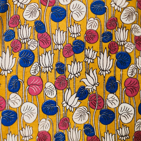 Pure Cotton Kalamkari Yellow With White And Blue And Pink Lotus Hand Block Print Fabric