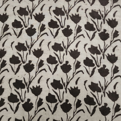 Pure Cotton Kashish Grey With  Cream Rose Creeper Hand Block Print Fabric