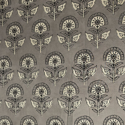 Pure Cotton Kashish Grey With Flower Motif Hand Block Print Fabric