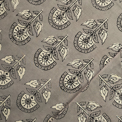Pure Cotton Kashish Grey With Flower Motif Hand Block Print Fabric
