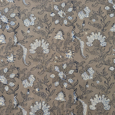 Pure Cotton Kashish Grey With White Jungle Flower Jaal Hand Block Print Fabric