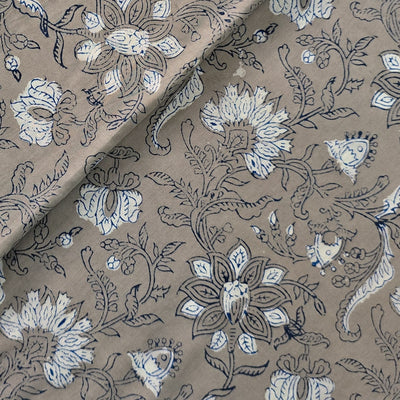 Pure Cotton Kashish Grey With White Jungle Flower Jaal Hand Block Print Fabric