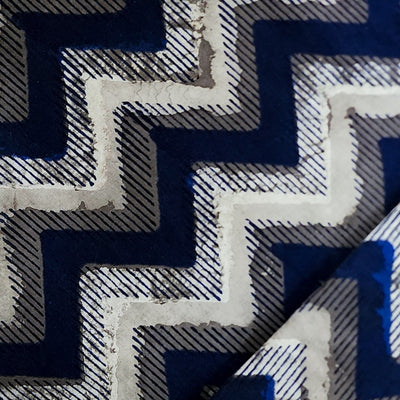 Pure Cotton Kashish Indigo Blue With Grey And White Zig -Zag Hand Block Print Fabric