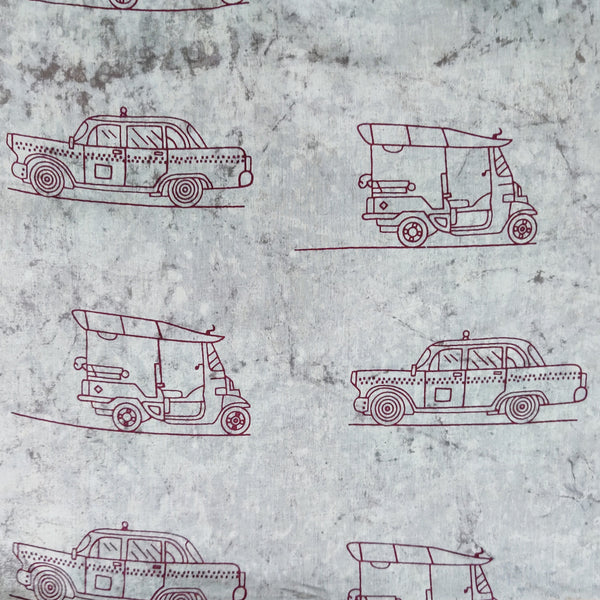 Pre-Cut 1 meter Pure Cotton Kashish Marble With Rust Vehicles Hand Block Print Fabric