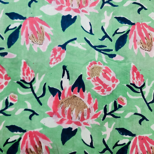 ( Pre-Cut 1.50 Meter ) Pure Cotton Light Blue And Pink Flower Jaal Motif Hand Block Print Fabric