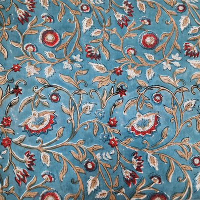 ( Pre-Cut 1.30 Meter ) Pure Cotton Light Blue With Orange Flowers Jaal Hand Block Print Fabric