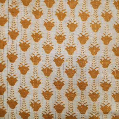 PRE-CUT 2 METER Pure Cotton Light Dabu Kaatha Lurex With Mustard Flower Creeper Stripes Hand Block Print Fabric