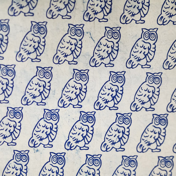 Pure Cotton Light Indigo With Owls Hand Block Print Fabric