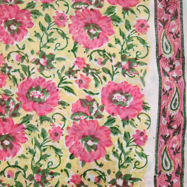 ( Pre-Cut 1.50 Meter ) Pure Cotton Light Yellow With Pink And Green Iris fLowers Jaal Hand Block Print Fabric