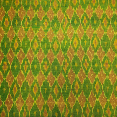 Pure Cotton Mercerised Secco Ikkat Green With Mustard Jaal Hand Woven Fabric