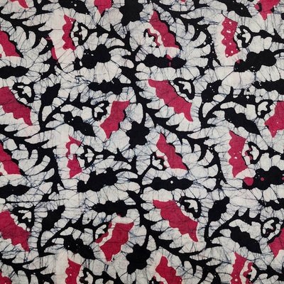 (Pre-Cut 1.90 Meter )Pure Cotton  Moum Batik Black And Pink Jungle Leaves Jaal Hand Block Print Fabric